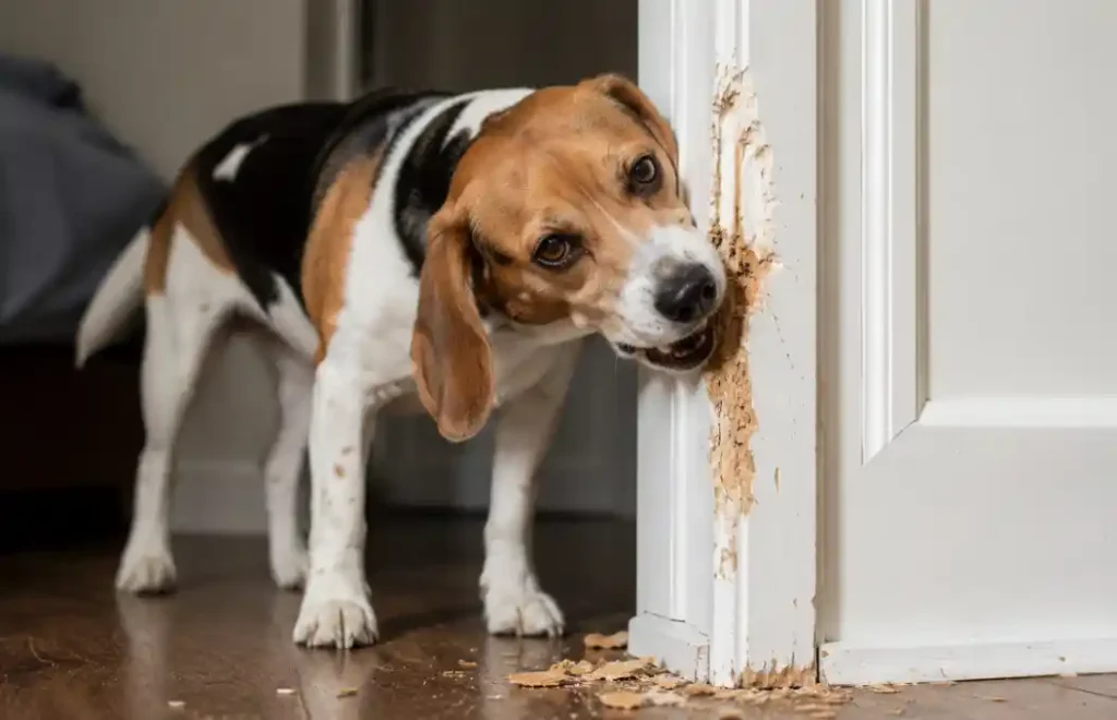 Dog showing destructive behavior caused by separation anxiety while anxiously waiting near the front door