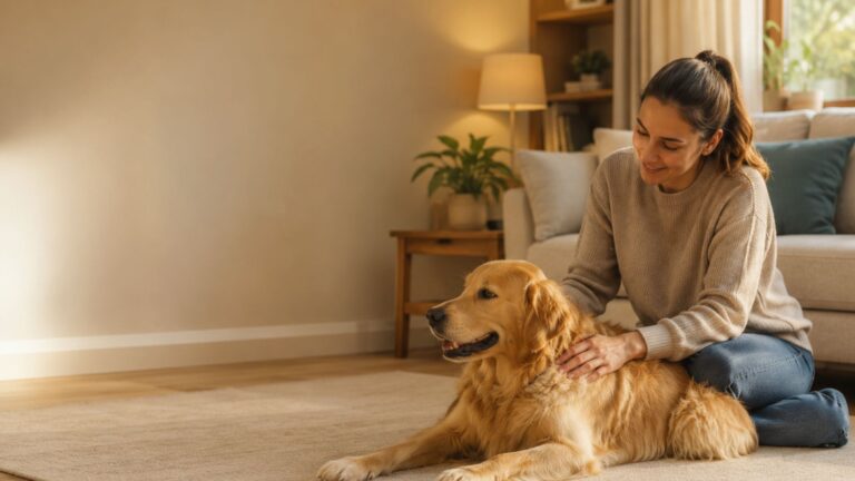dog separation anxiety treatment - owner calmly comforting a relaxed golden retriever at home