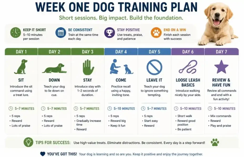 Week one dog training plan for beginners.