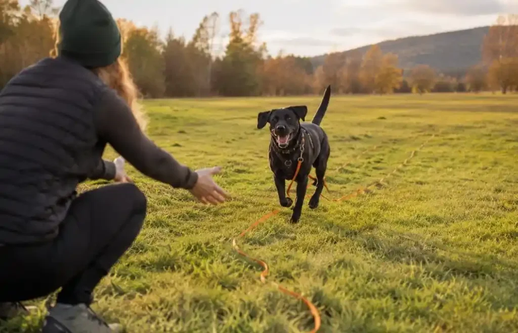 Dog trainer rewarding a focused dog with treats during a positive reinforcement session for separation anxiety training.