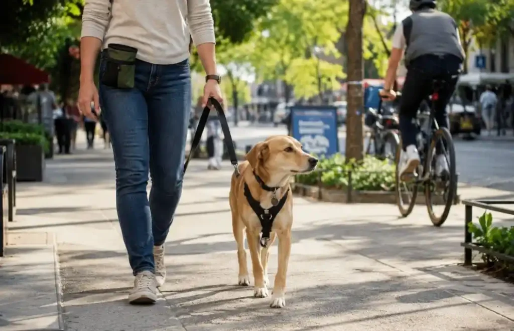 Dog training for separation anxiety with a calm Labrador walking confidently beside its owner on a city sidewalk during a positive training session.