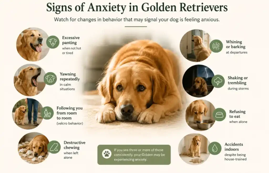 Educational illustration showing common anxiety symptoms in Golden Retrievers, including panting, pacing, whining, and velcro behavior.
