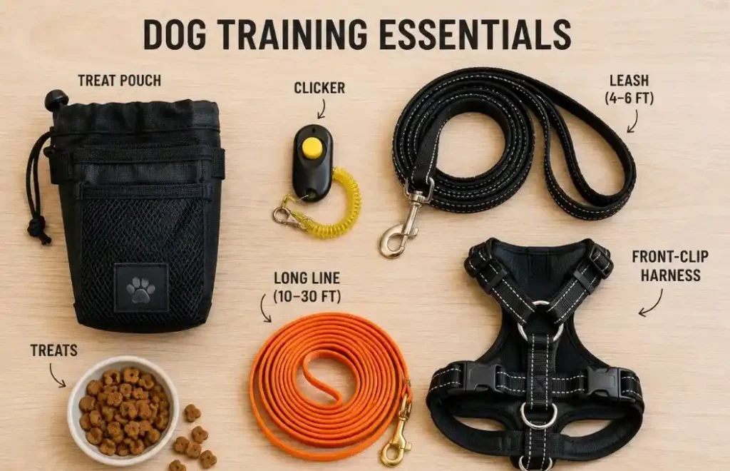 Dog training tools including clicker, leash, harness, and treats.