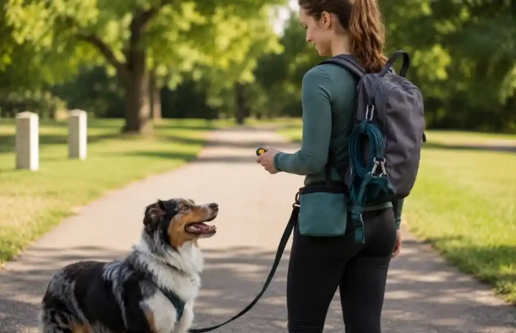Flat lay of the best dog training tools including clicker, treat pouch, leash, harness, and long line.