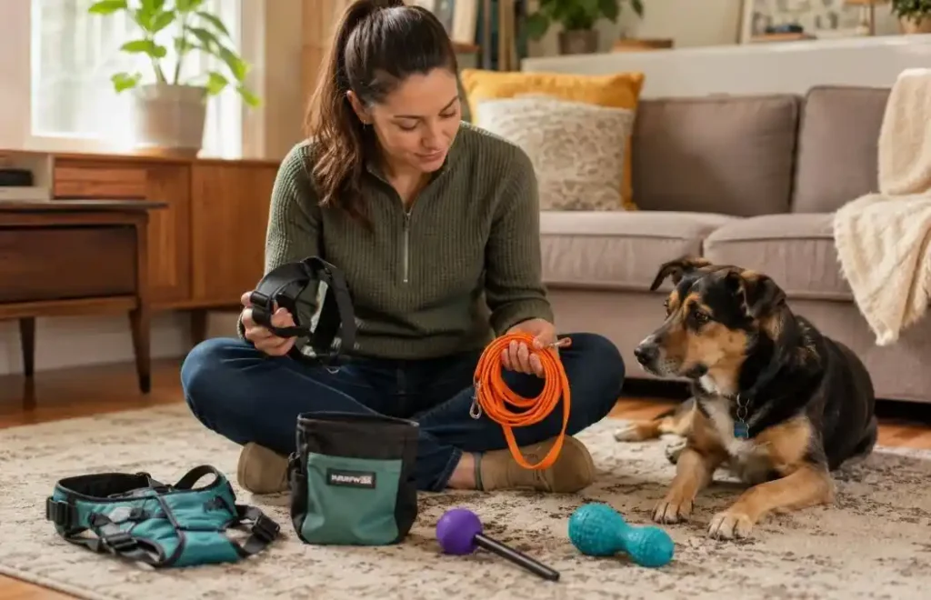 Dog owner comparing training tools used in separation anxiety programs while their attentive dog watches nearby.