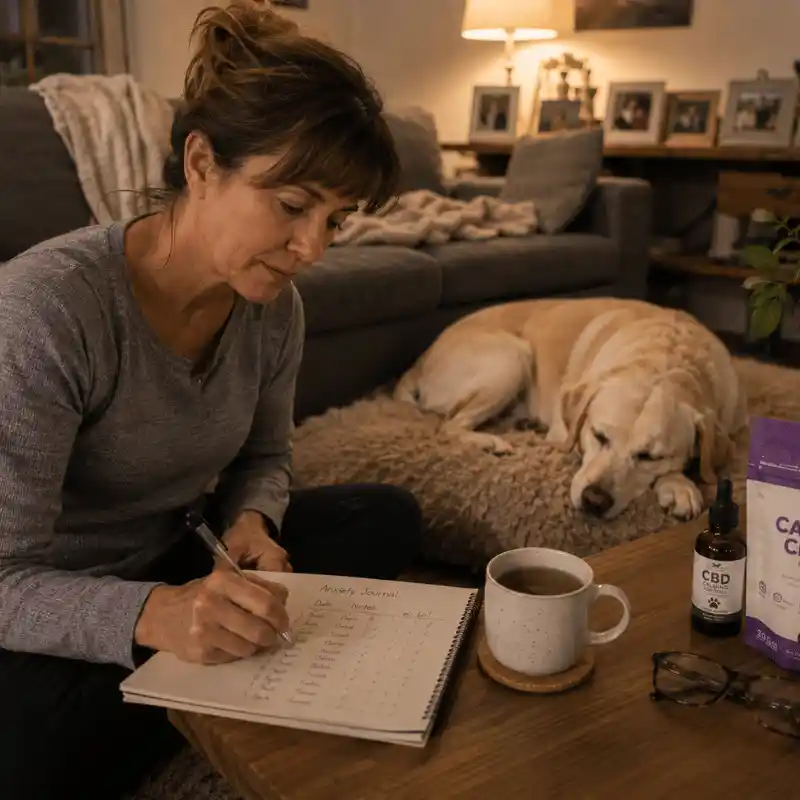 Dog owner tracking anxiety progress while relaxing with dog at home