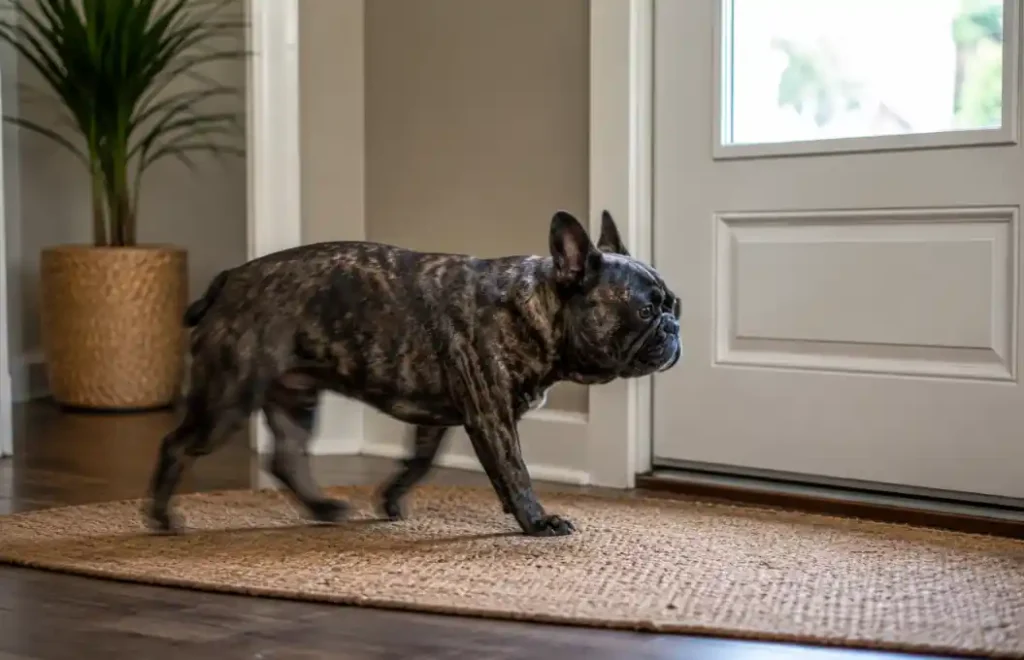 French Bulldog pacing nervously near the front door due to separation anxiety