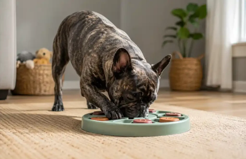 French Bulldog independently using a puzzle feeder during separation anxiety training