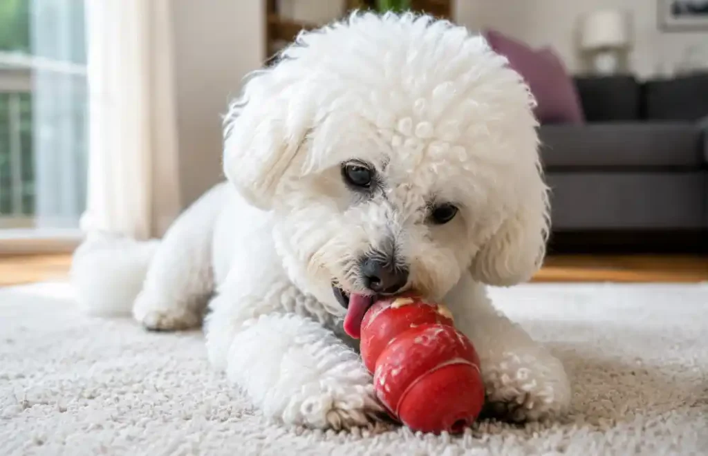 bichon frise separation anxiety calming activity – bichon enjoying a frozen Kong toy