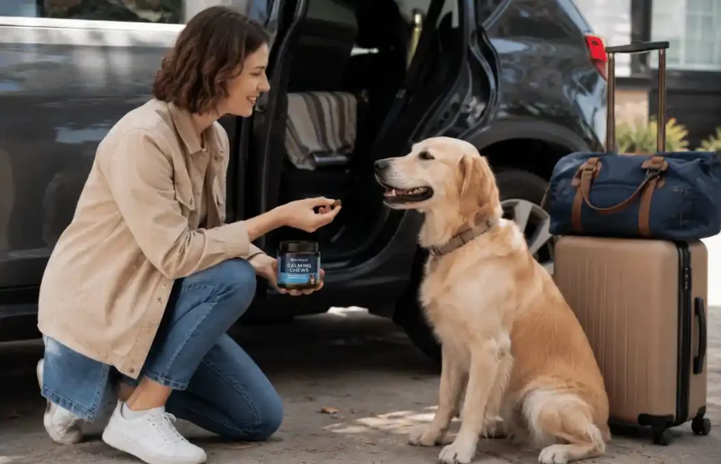 Dog owner giving a calming chew to their dog before a car ride to help reduce travel anxiety.