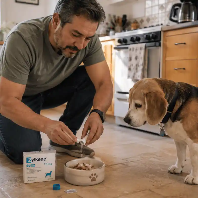 Owner sprinkling Zylkene capsule contents over dog's food before breakfast