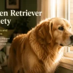 Golden Retriever gazing out a sunlit window with a worried expression, illustrating emotional sensitivity and anxiety.
