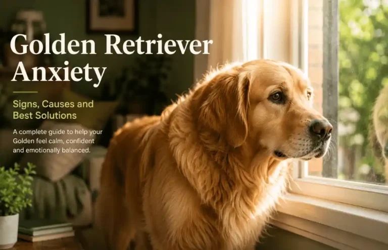 Golden Retriever gazing out a sunlit window with a worried expression, illustrating emotional sensitivity and anxiety.