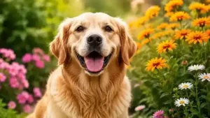 Happy golden retriever enjoying a calm day outdoors