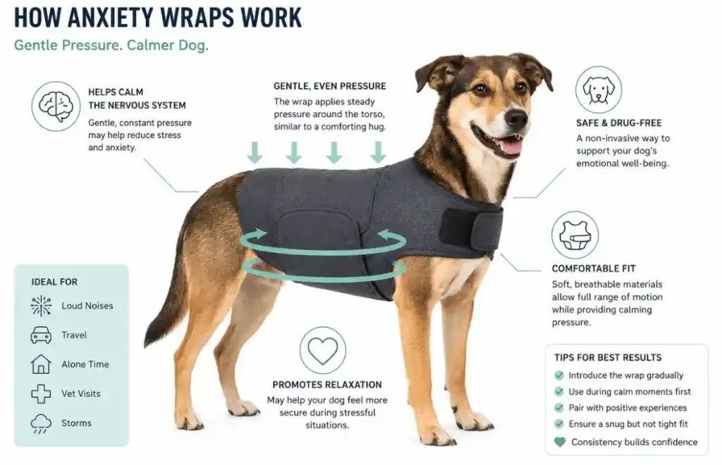 Illustration showing how gentle pressure from an anxiety wrap helps reduce stress in dogs.