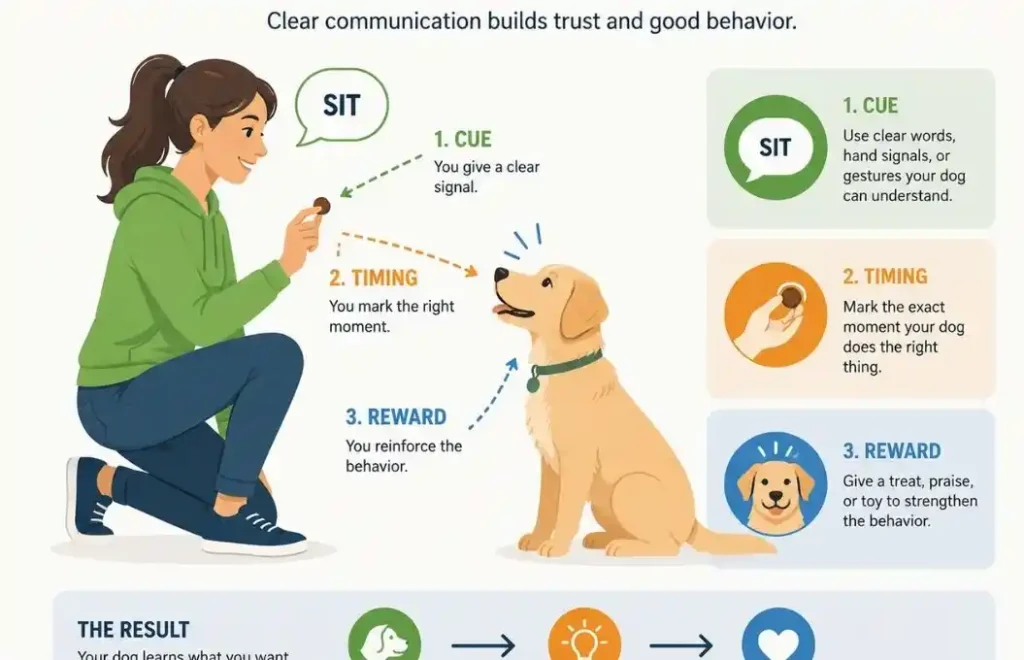 Illustration explaining how dogs learn through clear communication and rewards.