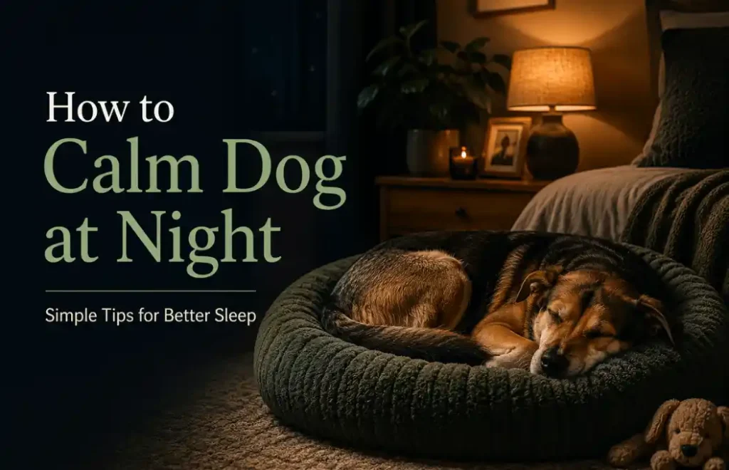 Dog with anxiety at night resting awake on a bed
