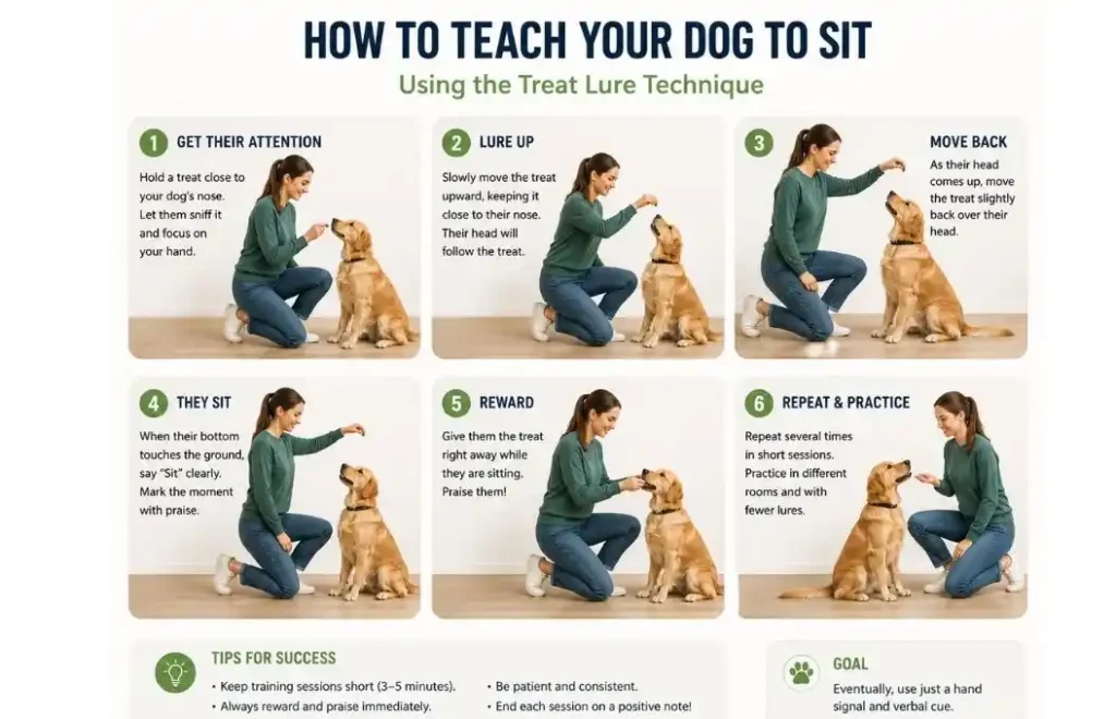 Dog learning the sit command using positive reinforcement.