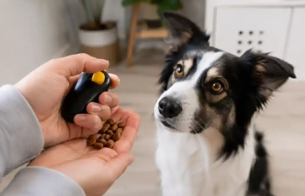 Dog owner using a clicker during training.