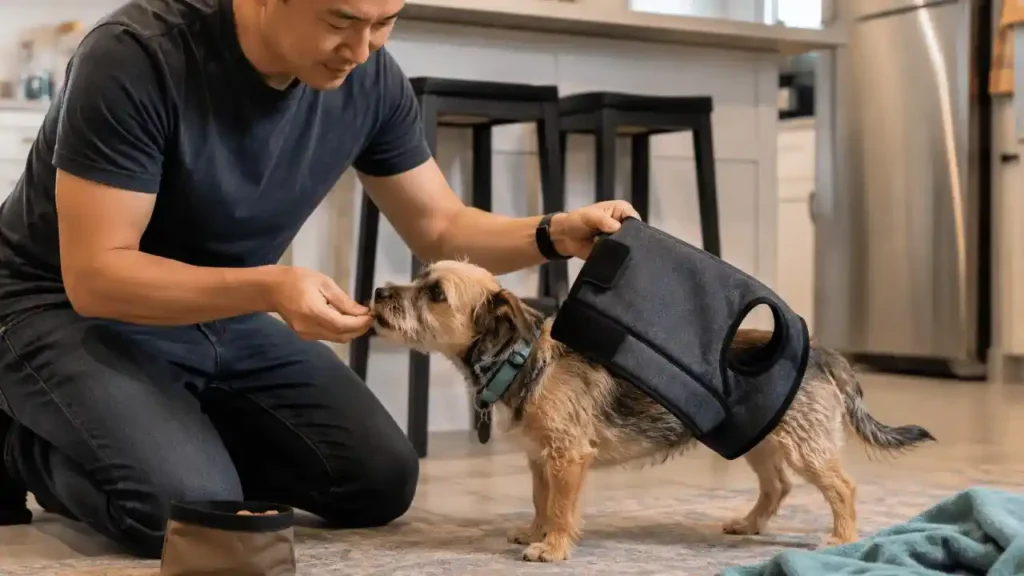Man rewarding a small dog with treats while introducing an anxiety wrap during training.