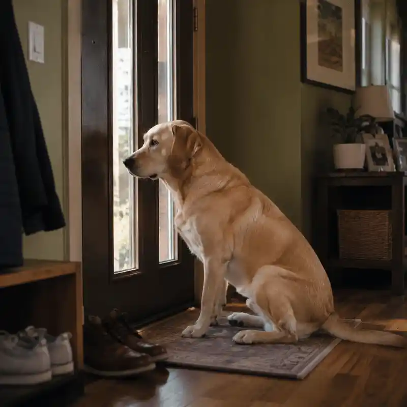 Labrador separation anxiety: Labrador retriever sitting anxiously by the front door waiting for owner to return
