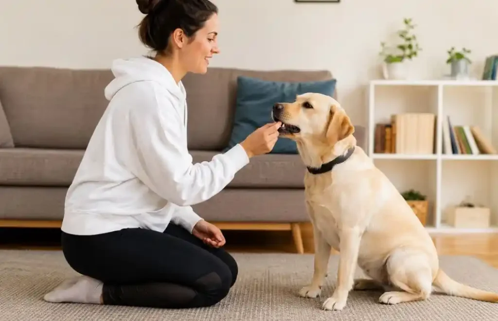 Dog being rewarded with a treat during positive reinforcement training.