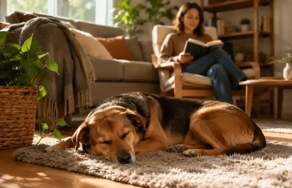 Relaxed dog resting comfortably at home after receiving calming support, illustrating mild anxiety improvement.