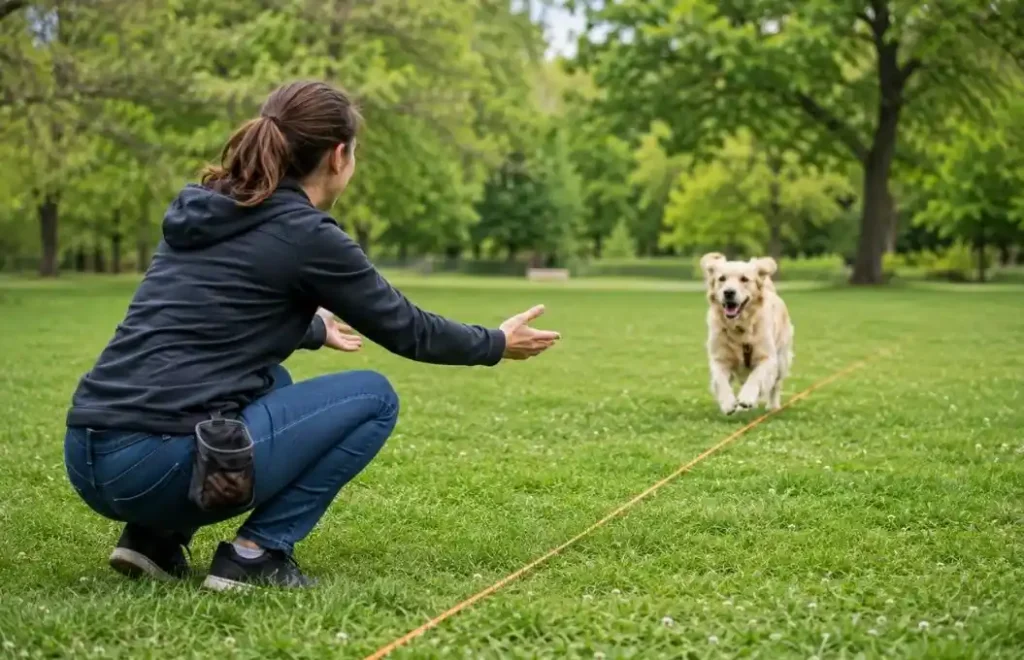 Dog practicing recall on a long line in a park.