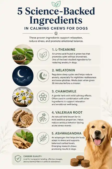 Educational infographic showing calming chew ingredients including L-theanine, melatonin, chamomile, valerian root, and ashwagandha.