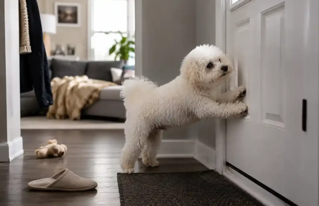 bichon frise separation anxiety symptoms – anxious dog scratching the front door while alone