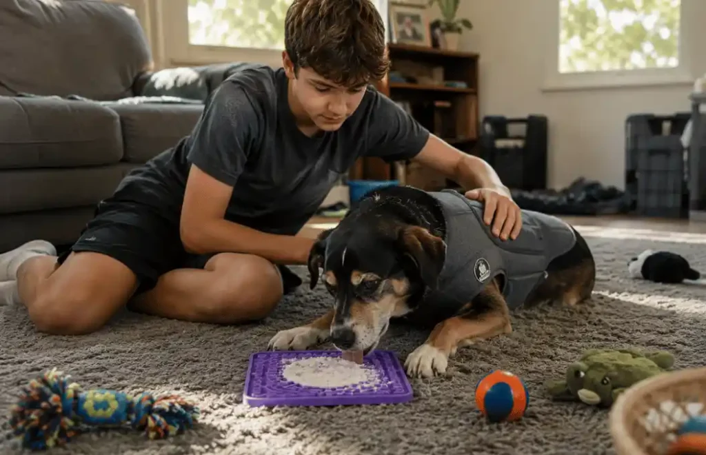 How to calm an anxious dog with calming wrap and enrichment activities