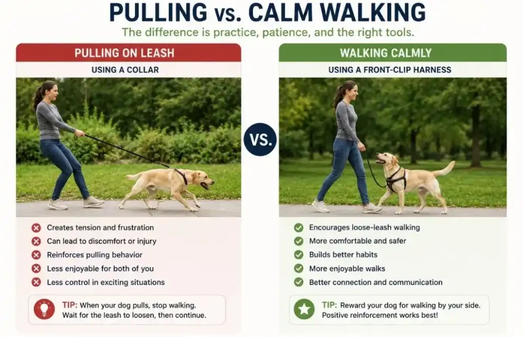 Comparison of leash pulling versus loose-leash walking.