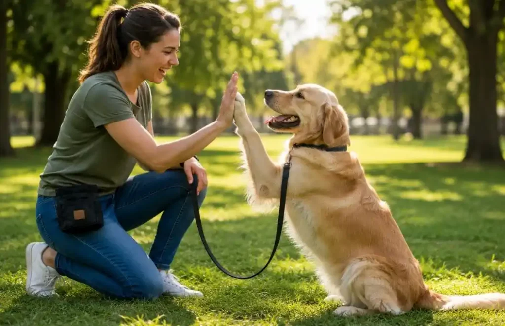 Dog owner celebrating successful training progress with their dog.