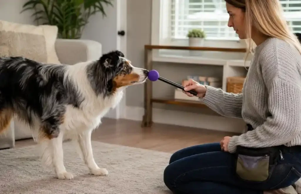 Dog gently touching a target stick with its nose during an indoor confidence-building exercise for separation anxiety training.