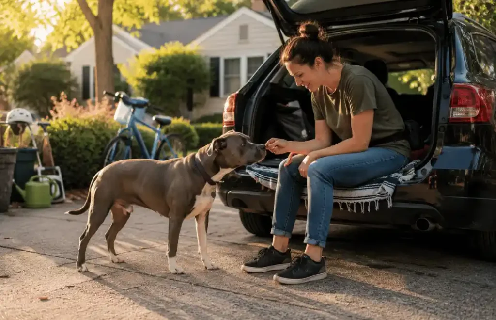 Dog car anxiety improving through positive car training sessions