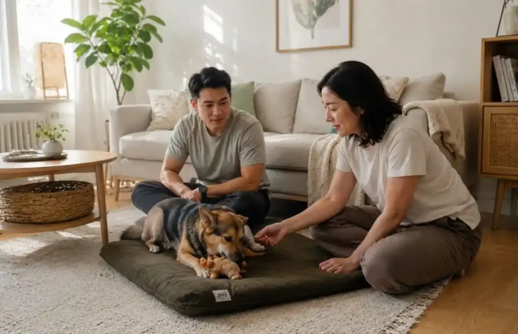 Asian couple helping their anxious dog relax on a training mat using positive reinforcement.