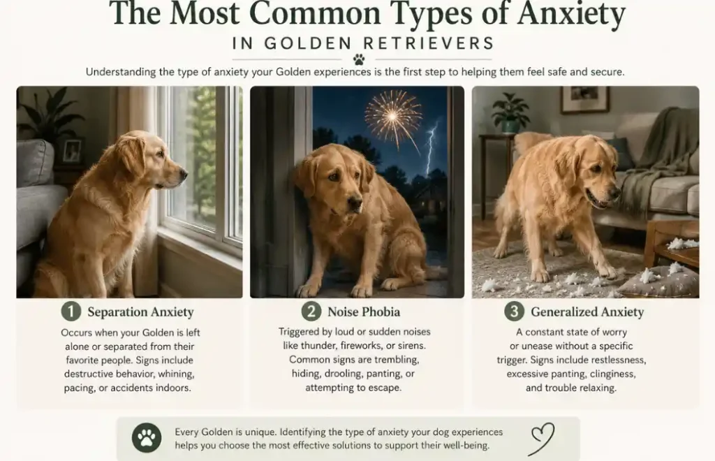 Visual comparison of separation anxiety, noise phobia, and generalized anxiety in a Golden Retriever.