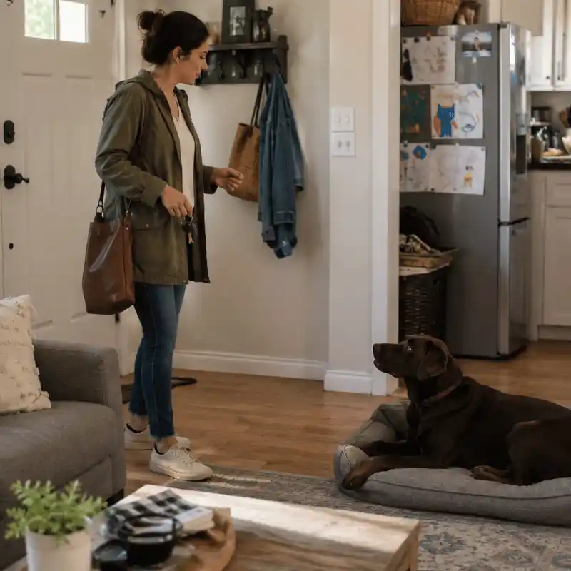 Owner practicing departure training exercises with Labrador retriever