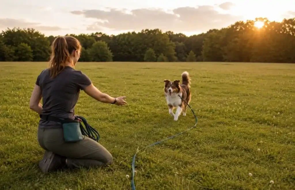 Dog practicing recall training outdoors with a 20-foot long line leash.