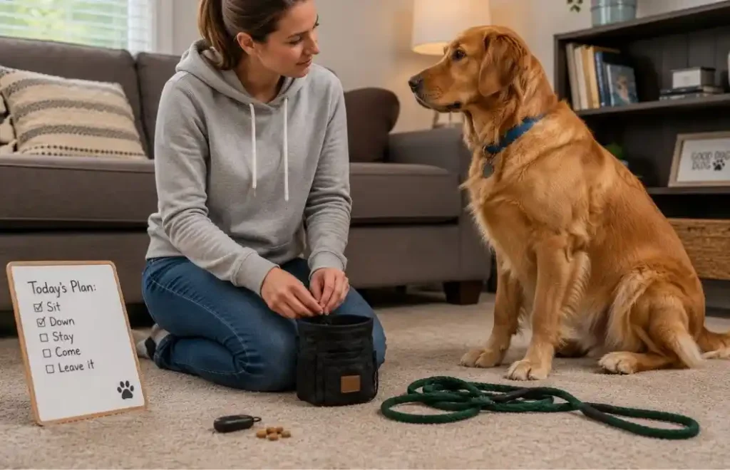 Dog owner troubleshooting training challenges.