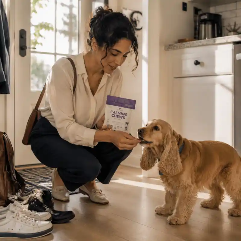 Dog happily accepting calming chew during daily routine