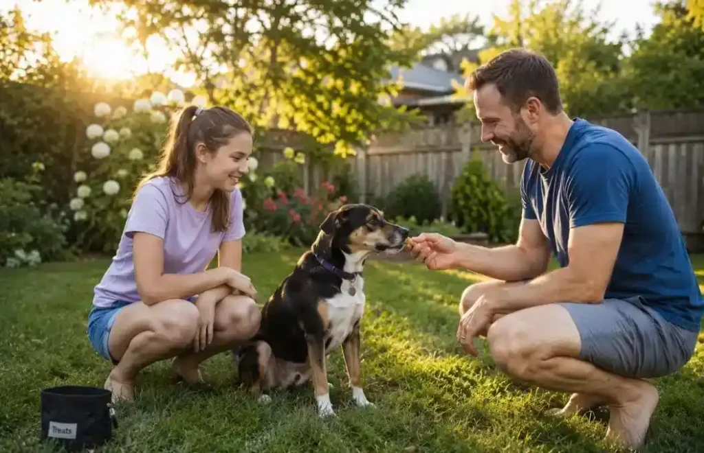 Asian couple helping their anxious dog relax on a training mat using positive reinforcement.