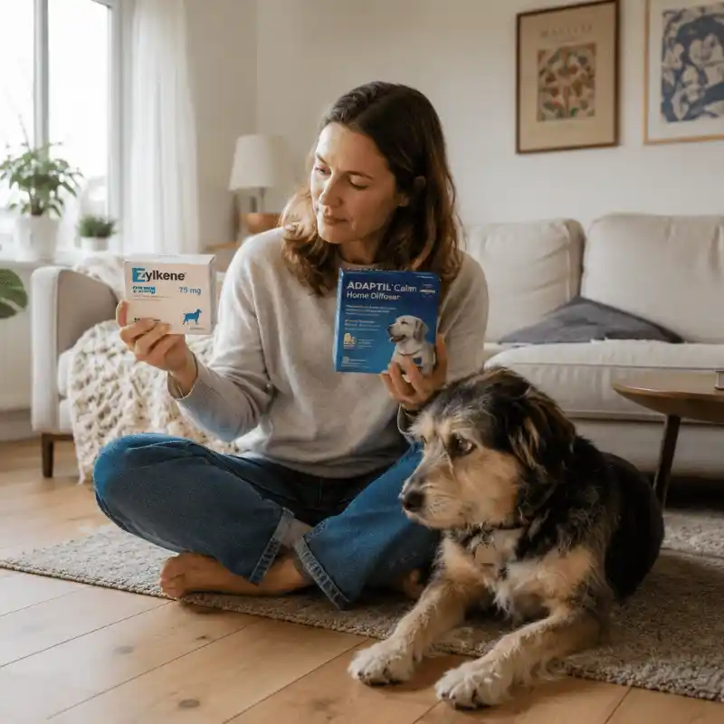 Dog owner comparing Zylkene capsules and Adaptil diffuser while comforting anxious dog at home