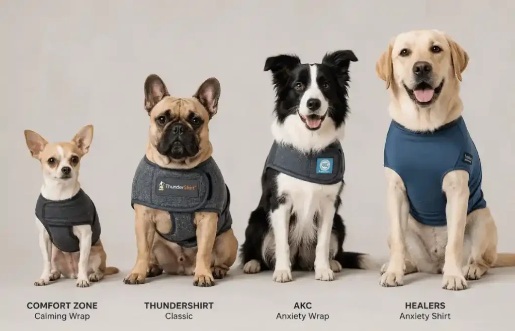 Four dog breeds wearing different anxiety wraps to compare fit and style.