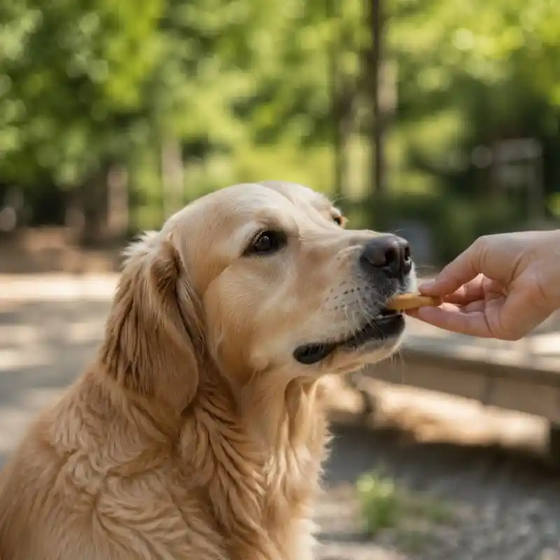 Golden retriever receiving a treat