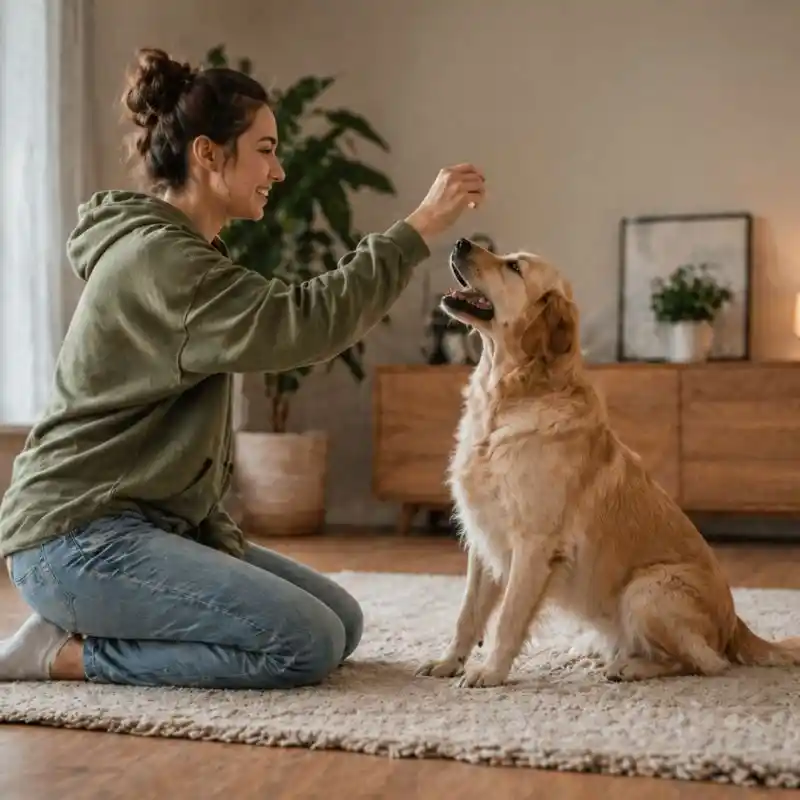 Woman training golden retriever