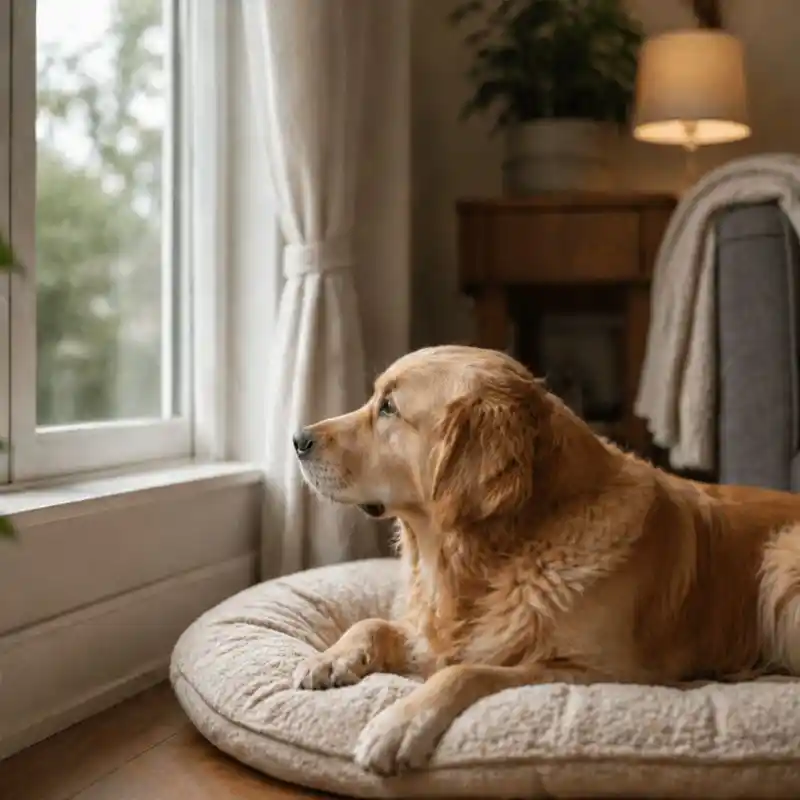 Golden retriever looking out window