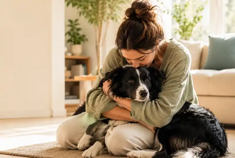 Emma cuddling Milo her Border Collie