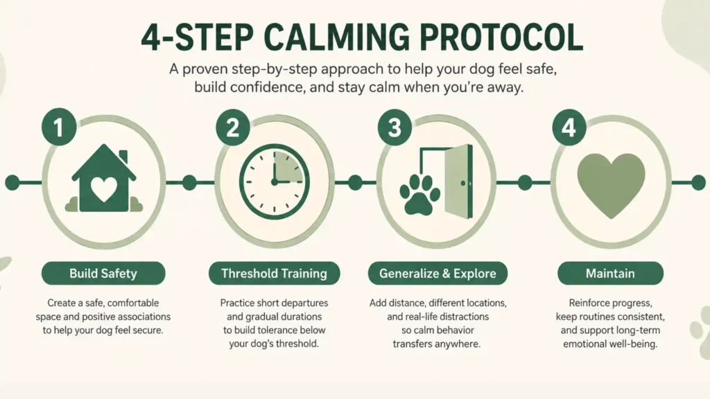 Infographic showing the 4-step calming protocol for dogs with separation anxiety: build safety, threshold training, generalize and explore, maintain