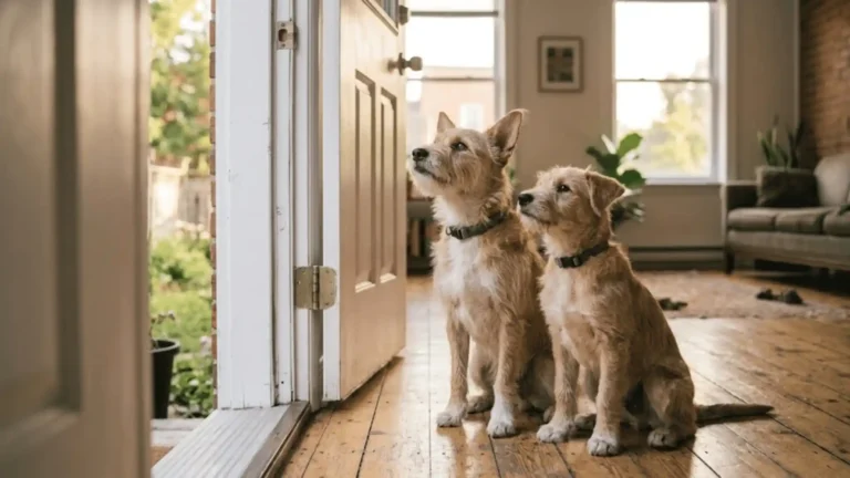 Young puppy and an adult dog sitting together near a doorway